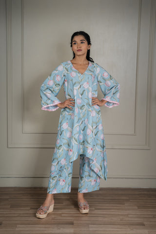 Pastel Blue Printed Co-ord Set With Sequin Detailing (Set Of 2)