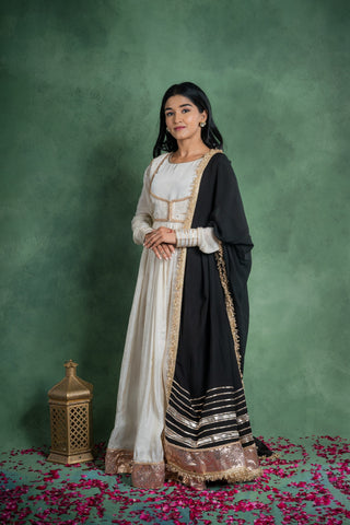 Sitaraa Anarkali Dress With Embroidered Jacket And Black Dupatta (Set Of 3)