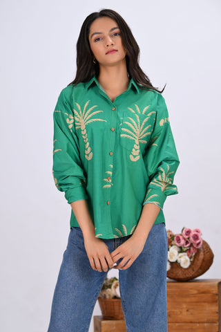 Green & Beige Palm Print Shirt