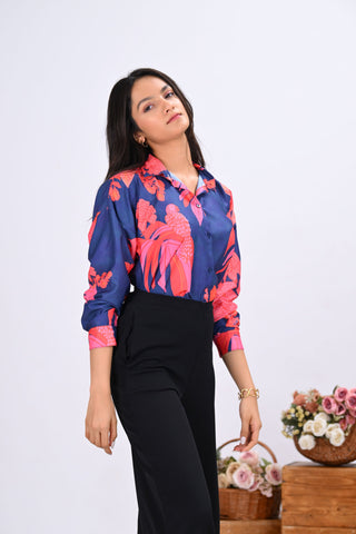 Blue & Pink Bird Print Shirt