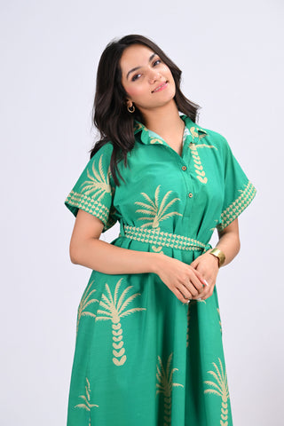 Green & Beige Palm Tree Print Button-Up Shirt Dress