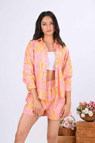 Pink & Orange Floral Print Co-Ord Set with Short (Set of 2)