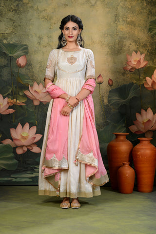 Saher Golden Embroidered Anarkali with Light-PinkDupatta