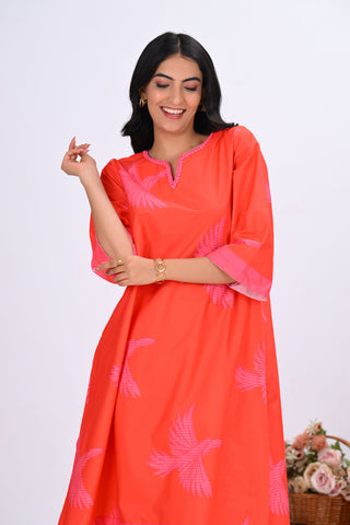 Orange & Pink Bird Print Round-Neck Co-ord Set (Set of 2)