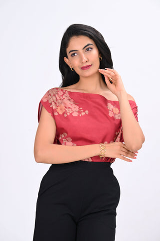 Red Crepe Printed Drop Shoulder Top