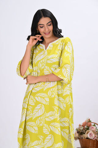 Mustard Yellow Leaves Print Round-Neck Co-ord Set (Set of 2)