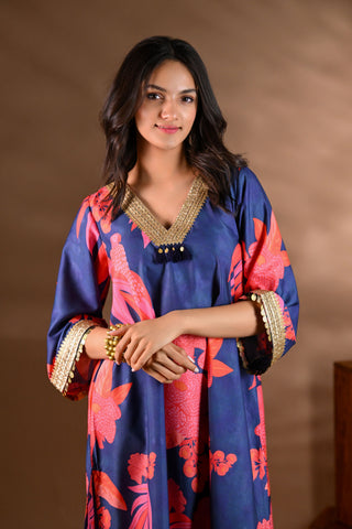 Blue Crepe V-Neck Coin Detailing Kurta Set (Set of 2)