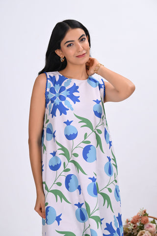 Blue & Off-White Pomegranate Print Sleeveless Co-ord Set (Set of 2)