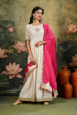 Saher Golden Embroidered Anarkali with Magenta-Pink Dupatta