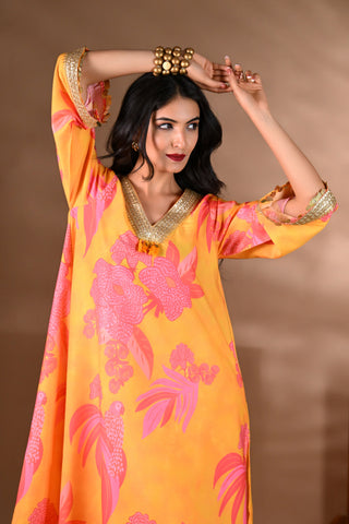 Yellow Crepe V-Neck Coin Detailing Kurta Set (Set of 2)