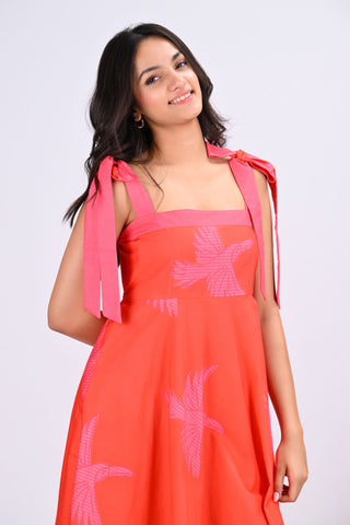 Orange & Pink Bird Print Umbrella Tie-Up Maxi Dress