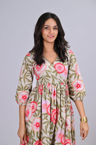Pink Floral Print Wrap-Around Maxi Dress