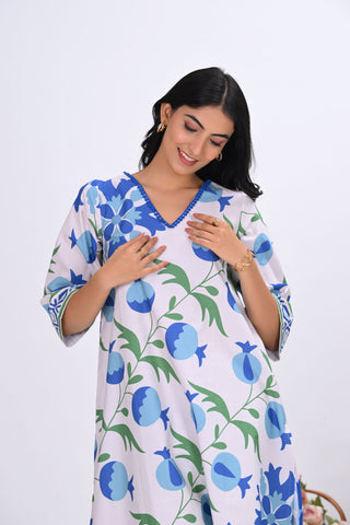 Blue & Off-White Pomegranate Print V-Neck Co-ord Set (Set of 2)