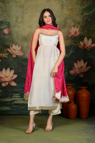 Naina Golden Hand Embroidered Kurta Set with Magenta-Pink Dupatta