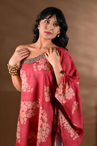 Red Crepe One-Shoulder Mirror-Work Kurta Set