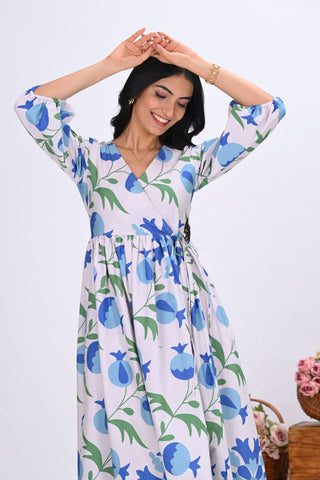 Blue & Off-White Pomegranate Print Wrap-Around Maxi Dress