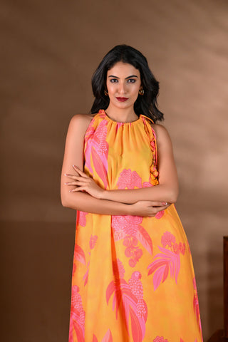 Yellow Crepe Printed Halter-Neck Kurta Set (Set of 2)