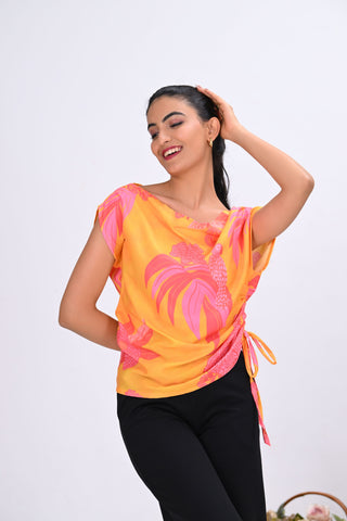 Yellow Crepe Printed Drop Shoulder Top