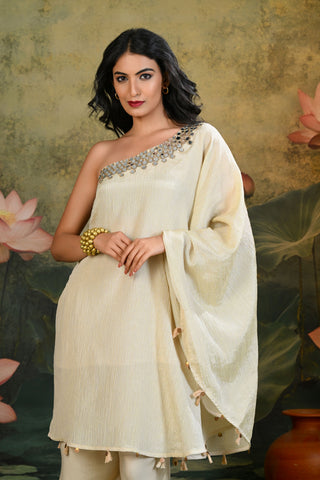 Tara Golden One-shoulder Kurta Set (Set of 2)