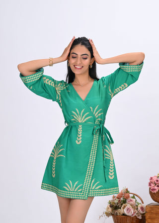 Green & Beige Palm Tree Print Wrap-Around Mini Dress
