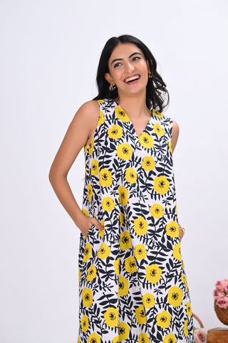 Black & Yellow Floral Print Sleeveless Co-ord Set (Set of 2)