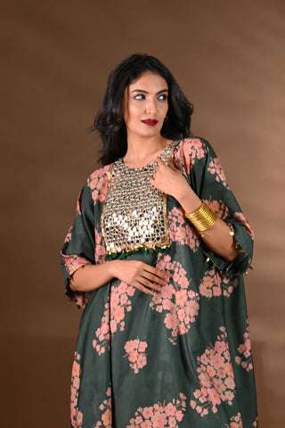 Green Crepe Printed Mirror-work Yoke Kurta Set (Set of 2)