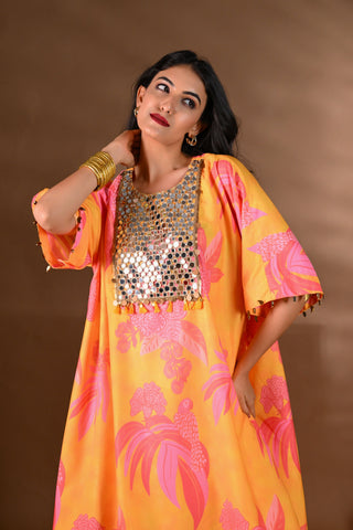 Yellow Crepe Printed Mirror-work Yoke Kurta Set (Set of 2)