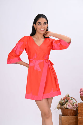Orange & Pink Bird Print Wrap-Around Mini Dress