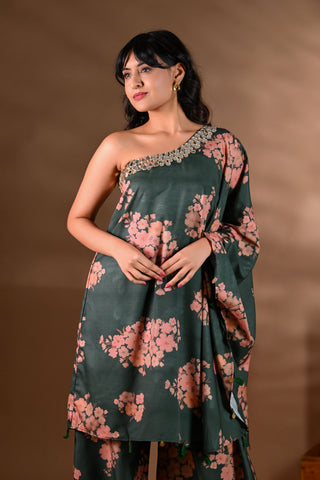 Green Crepe One-Shoulder Mirror-Work Kurta Set (Set of 2)
