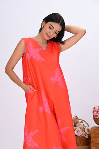 Orange & Pink Bird Print Sleeveless Co-ord Set (Set of 2)