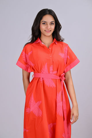 Orange & Pink Bird Print Button-Up Shirt Dress