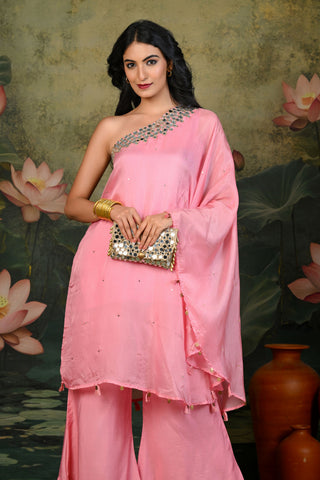 Zuri Light-Pink One-shoulder Kurta Set (Set of 2)