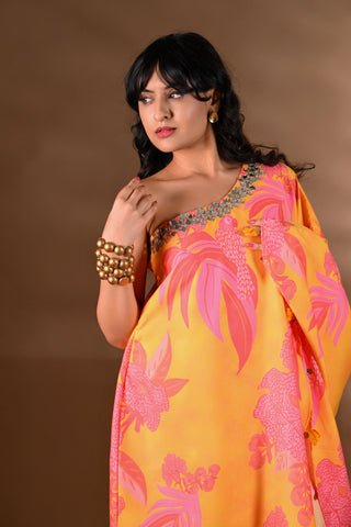 Yellow Crepe One-Shoulder Mirror-Work Kurta Set