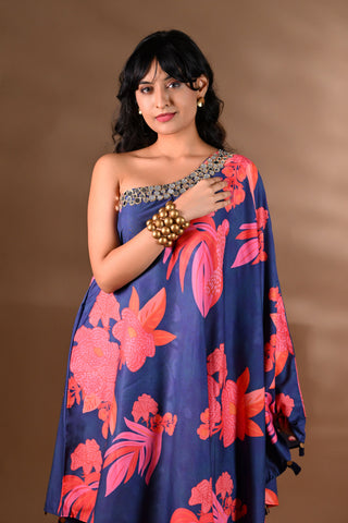 Blue Crepe One-Shoulder Mirror-Work Kurta Set