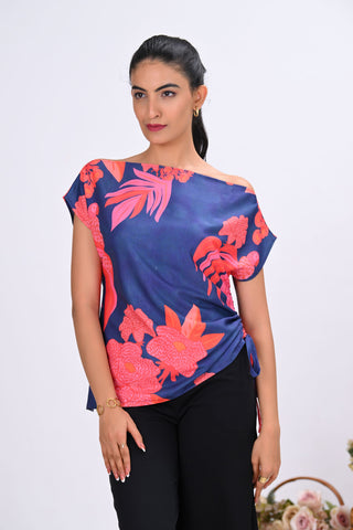 Blue crepe printed Drop shoulder Top