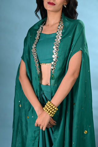 Heer Green Crop-Top with Drape-Skirt & Cape (Set of 3)