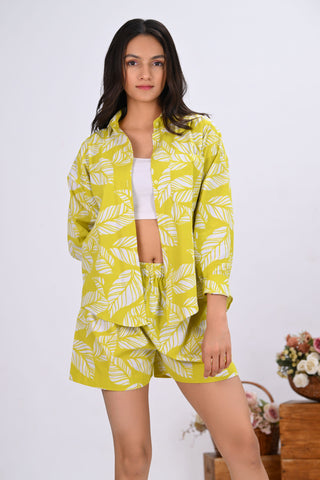 Mustard Yellow Leaves Print Co-Ord Set with Short (Set of 2)