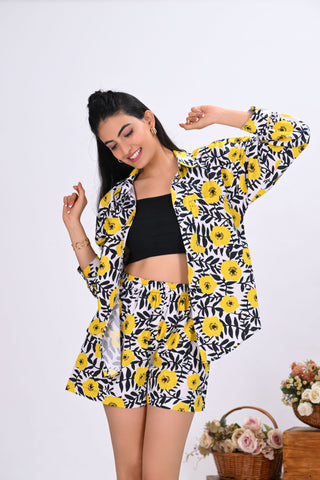 Black & Yellow Floral Print Co-Ord Set with Short (Set of 2)