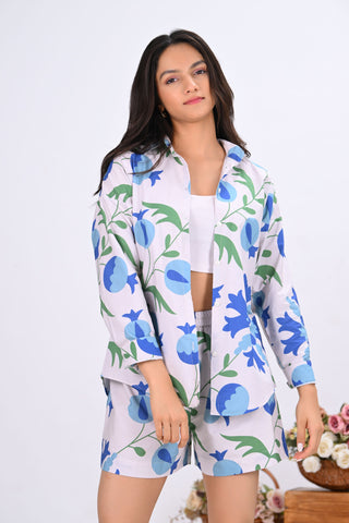 Blue & Off-White Pomegranate Print Co-Ord Set with Short (Set of 2)