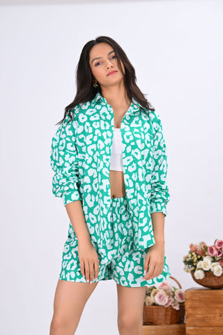 Green Leopard Print Co-Ord Set with Short (Set of 2)