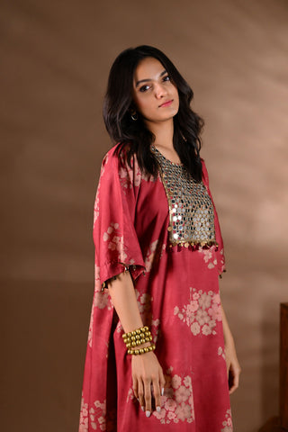 Red Crepe Printed Mirror-work Yoke Kurta Set (Set of 2)