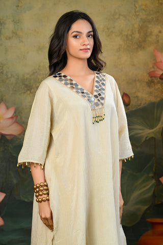 Tara Golden V-Neck Mirror Work Kurta Set (Set of 3)