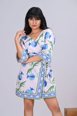 Blue & Off-White Pomegranate Print Wrap-Around Mini Dress