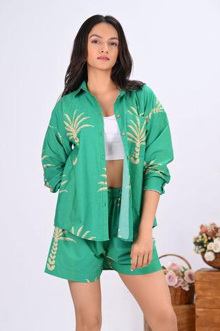 Green & Beige Palm Print Co-Ord Set with Short (Set of 2)