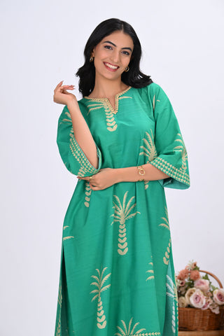 Green & Palm Tree Print Round-Neck Co-ord Set (Set of 2)
