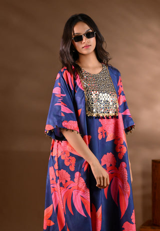 Blue Crepe Printed Mirror-work Yoke Kurta Set (Set of 2)