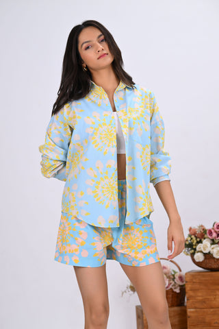 Sky Blue & Yellow Tie-Dye Print Co-Ord Set with Short (Set of 2)