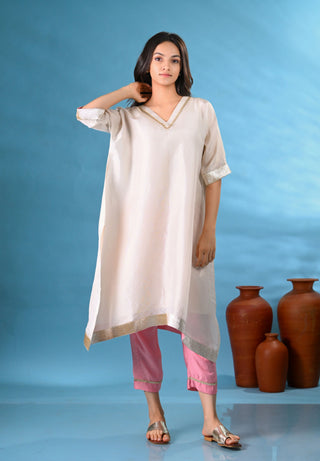 Ivory Tissue kurta with light pink pants (Set of 2)