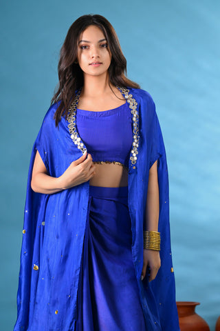 Noori Blue Crop-Top with Drape-Skirt & Cape (Set of 3)