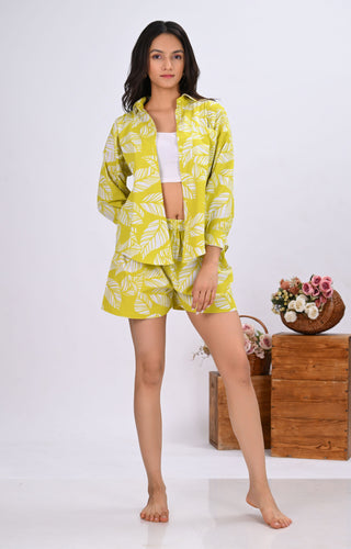 Mustard Yellow Leaves Print Co-Ord Set with Short (Set of 2)